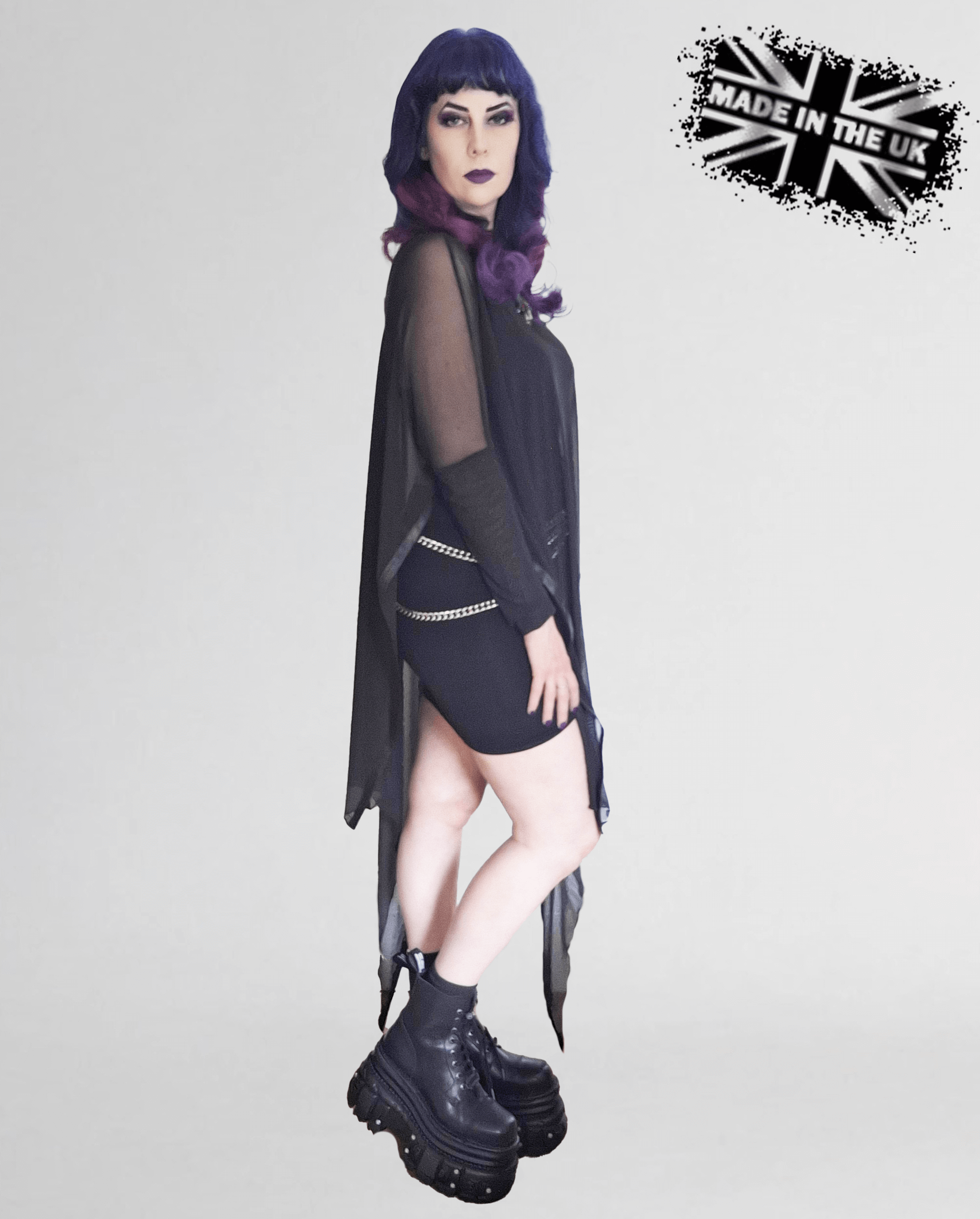 Necessary Evil Anahita Gothic Mesh Layer Dress - Sheer Black with Faux Leather Trim - DevilGothic DevilGothic