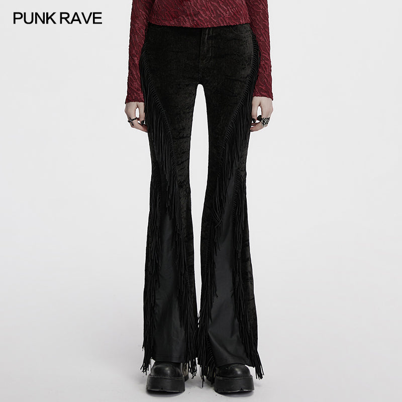 Punk Rave Morrigan Wasteland Tassel Flare Goth Trousers In Black - DevilGothic DevilGothic