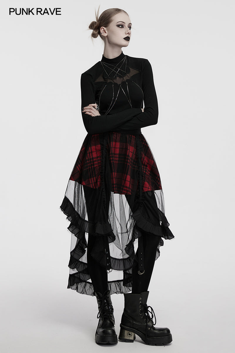 Punk Rave Morrigan Mesh Plaid High-Low Skirt - DevilGothic DevilGothic