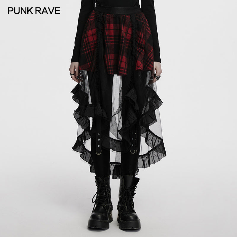 Punk Rave Morrigan Mesh Plaid High-Low Skirt - DevilGothic DevilGothic