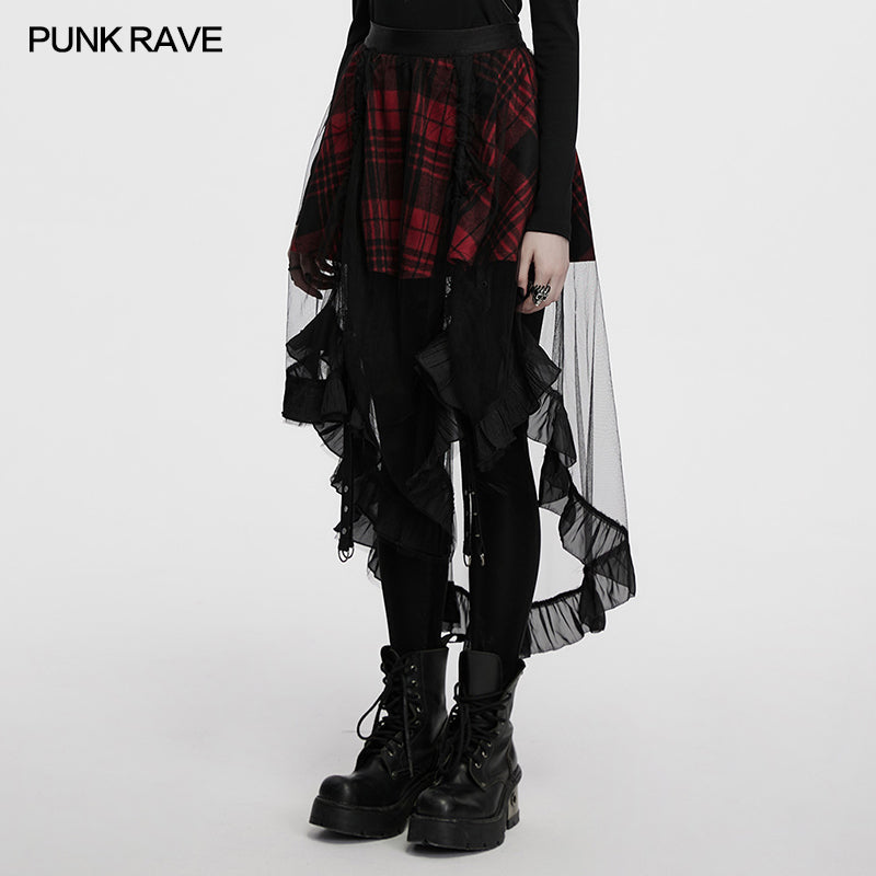 Punk Rave Morrigan Mesh Plaid High-Low Skirt - DevilGothic DevilGothic