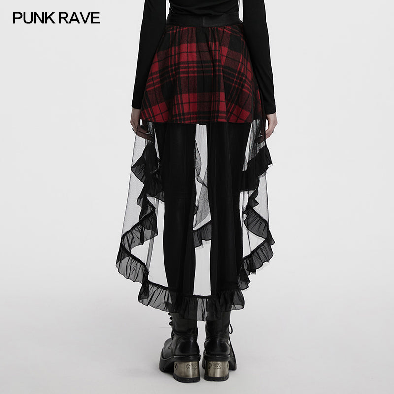 Punk Rave Morrigan Mesh Plaid High-Low Skirt - DevilGothic DevilGothic