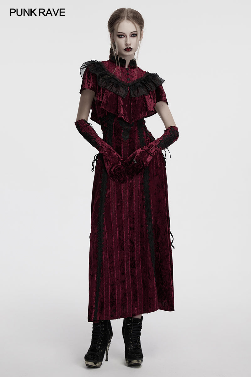 Punk Rave Selene Embroidered Velvet Gloves in Crimson - DevilGothic DevilGothic