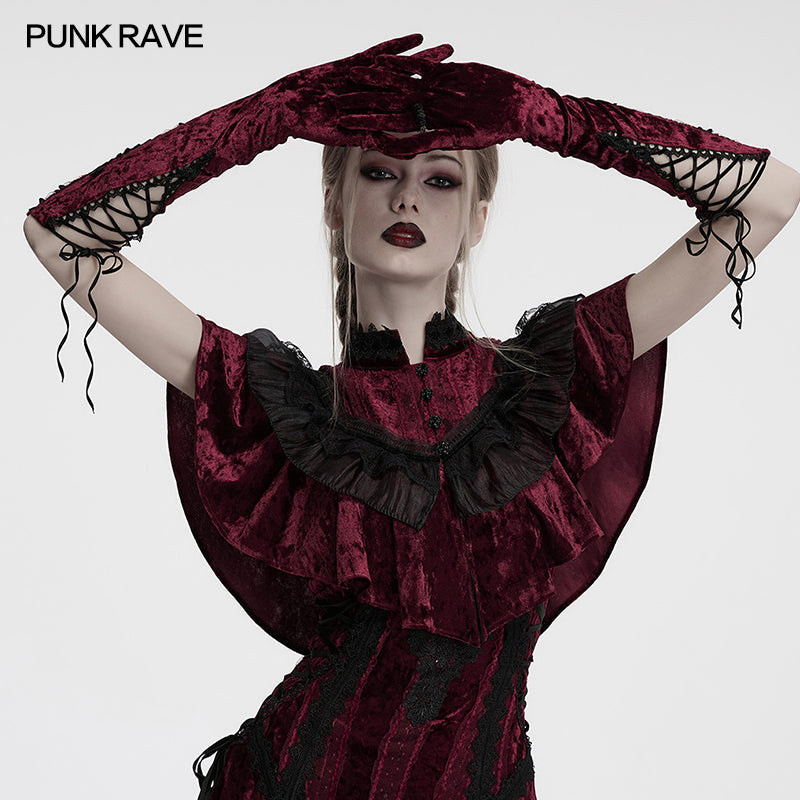 Punk Rave Selene Embroidered Velvet Gloves in Crimson - DevilGothic DevilGothic