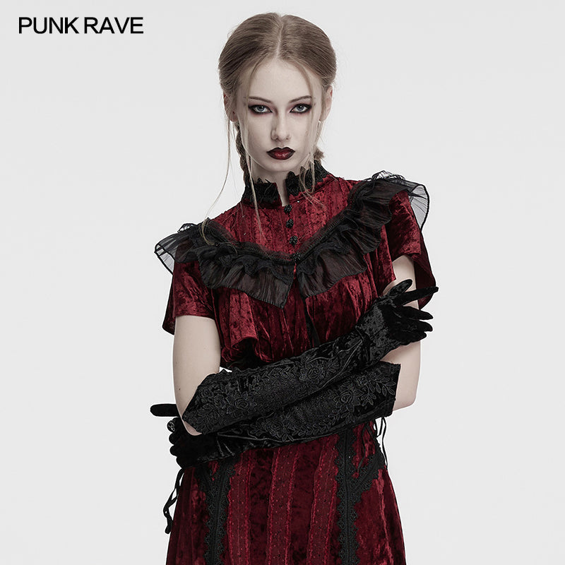 Punk Rave Selene Embroidered Velvet Gloves in Black - DevilGothic DevilGothic