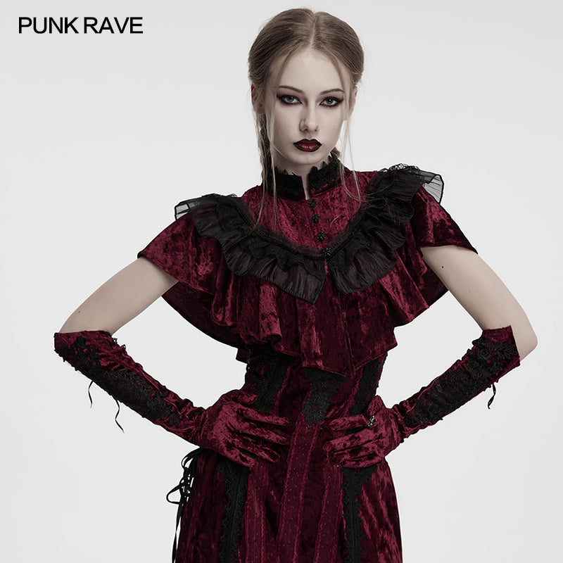 Punk Rave Selene Embroidered Velvet Gloves in Crimson - DevilGothic DevilGothic