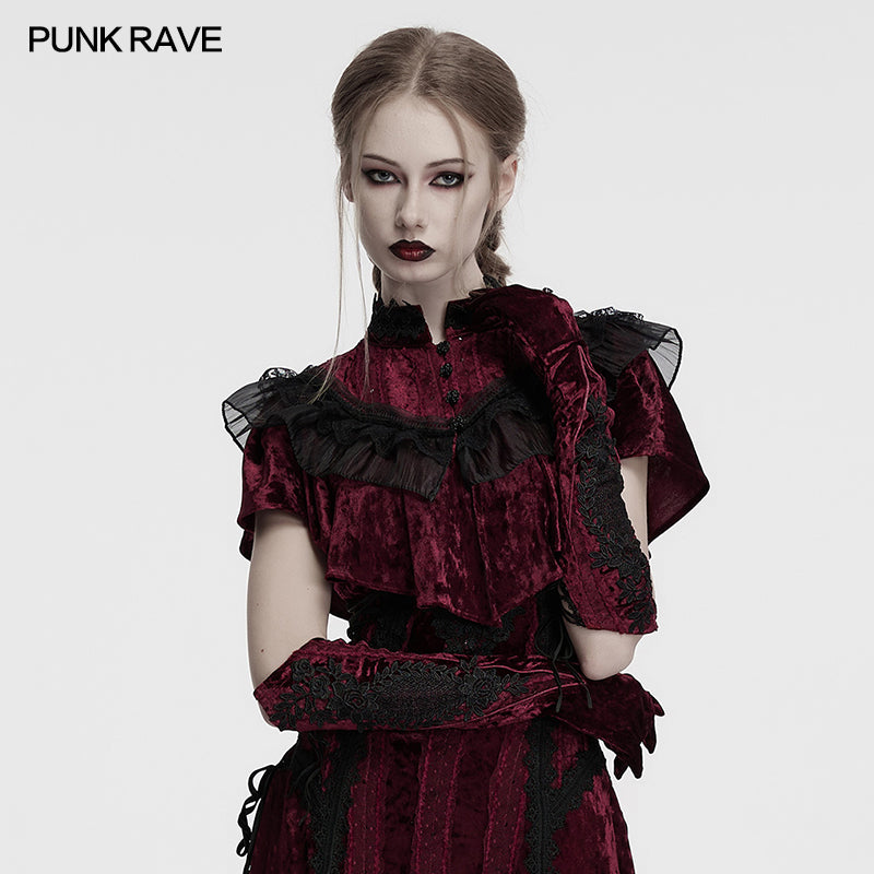 Punk Rave Selene Embroidered Velvet Gloves in Crimson - DevilGothic DevilGothic