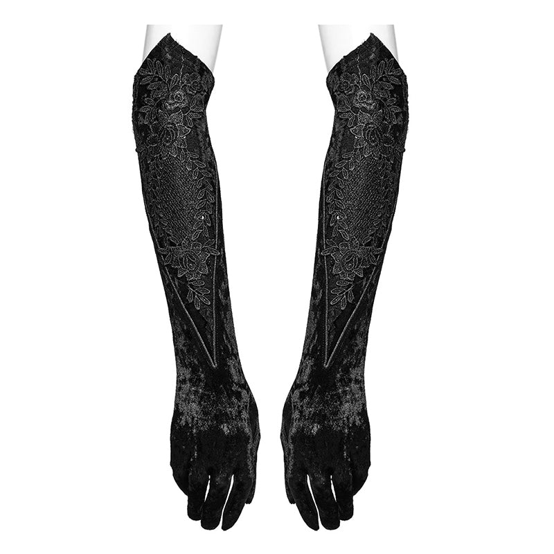 Punk Rave Selene Embroidered Velvet Gloves in Black - DevilGothic DevilGothic