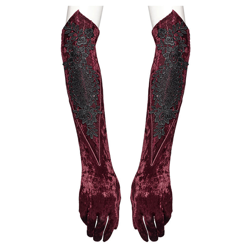 Punk Rave Selene Embroidered Velvet Gloves in Crimson - DevilGothic DevilGothic