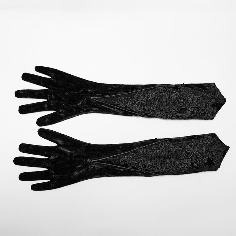 Punk Rave Selene Embroidered Velvet Gloves in Black - DevilGothic DevilGothic