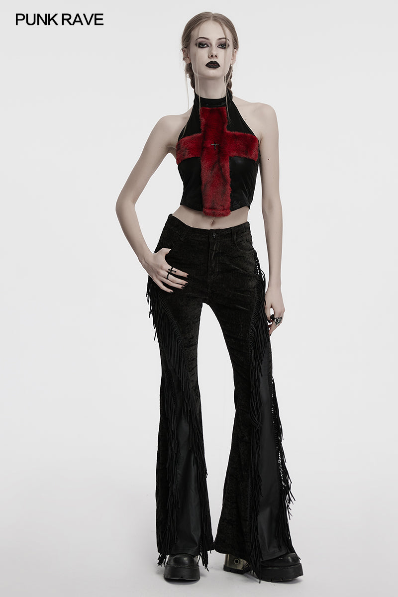 Punk Rave Valora Cross Fur Halter Top In Crimson - DevilGothic DevilGothic