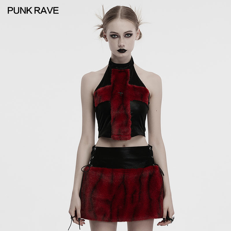 Punk Rave Valora Cross Fur Halter Top In Crimson - DevilGothic DevilGothic