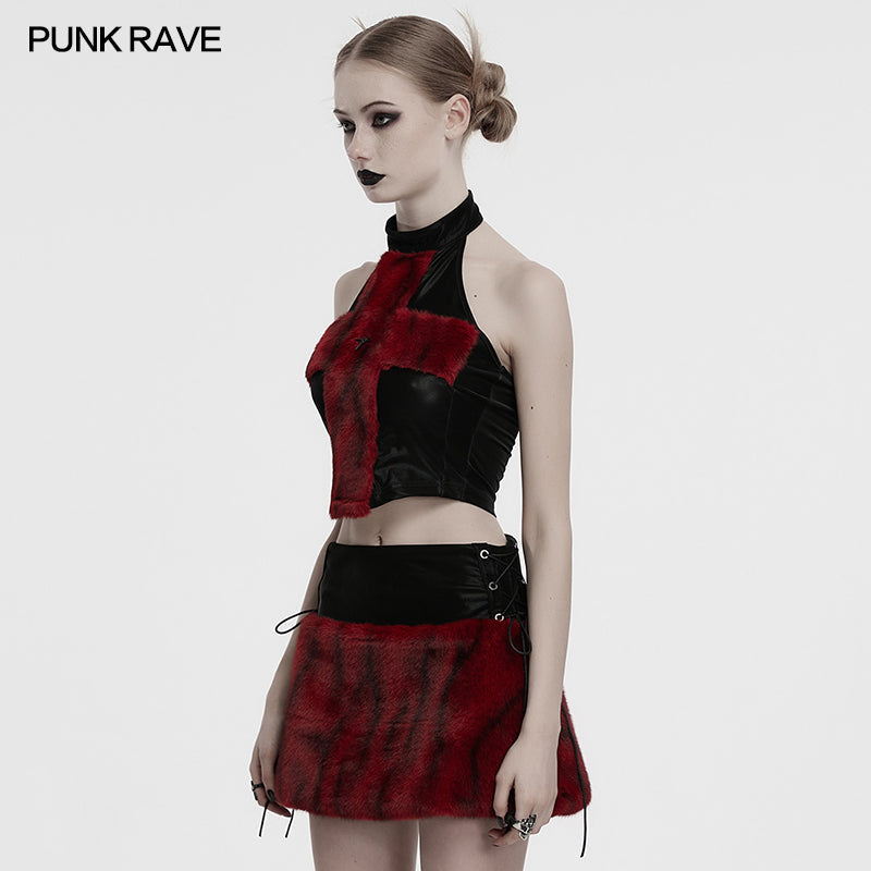 Punk Rave Valora Cross Fur Halter Top In Crimson - DevilGothic DevilGothic