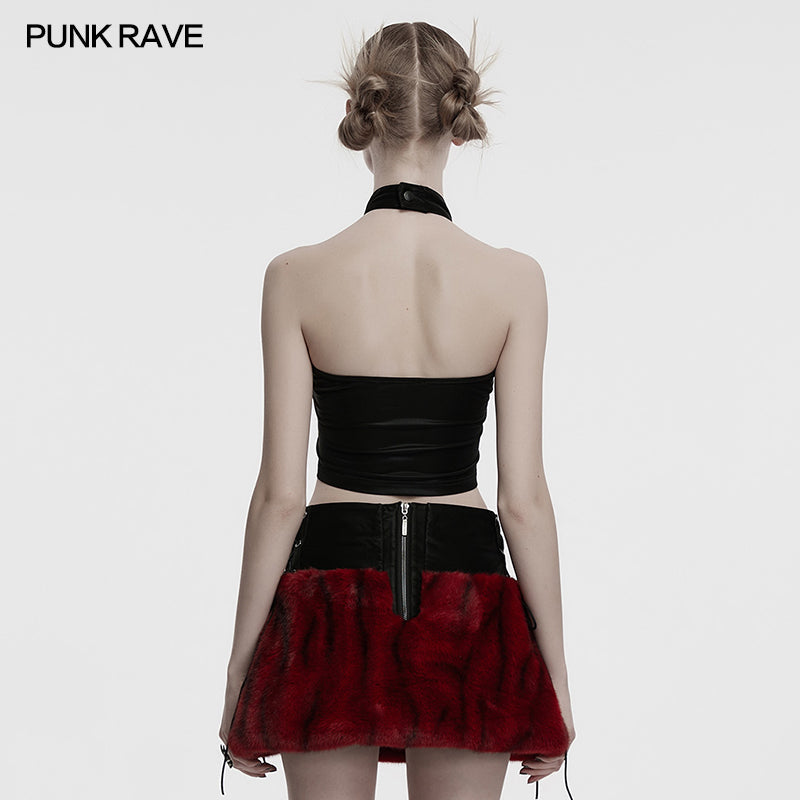 Punk Rave Valora Cross Fur Halter Top In Crimson - DevilGothic DevilGothic