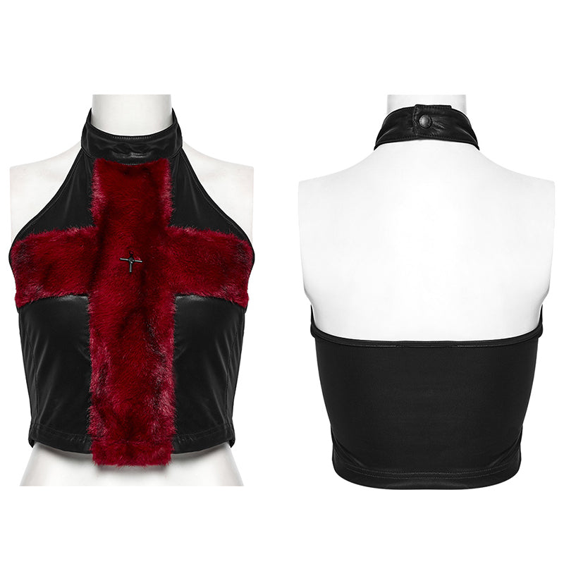 Punk Rave Valora Cross Fur Halter Top In Crimson - DevilGothic DevilGothic