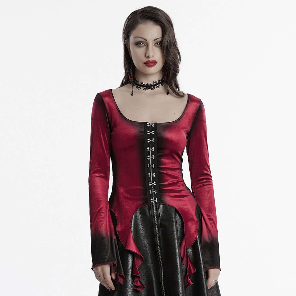 Punk Rave Leticia Burgundy Gradient Velvet Top with Feature Hooks and Eyes - DevilGothic DevilGothic