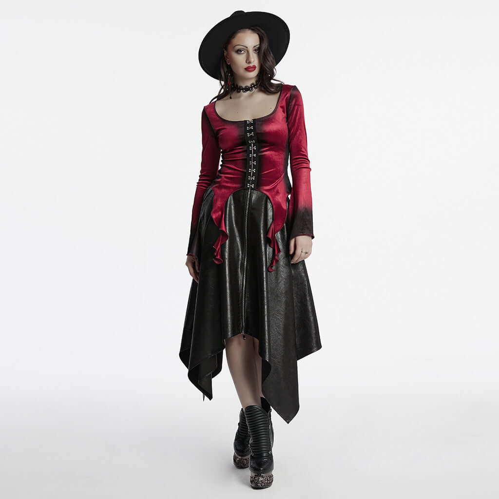 Punk Rave Leticia Burgundy Gradient Velvet Top with Feature Hooks and Eyes - DevilGothic DevilGothic