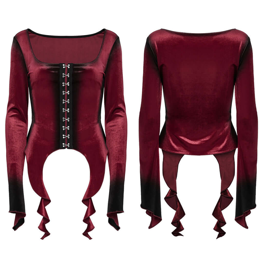 Punk Rave Leticia Burgundy Gradient Velvet Top with Feature Hooks and Eyes - DevilGothic DevilGothic