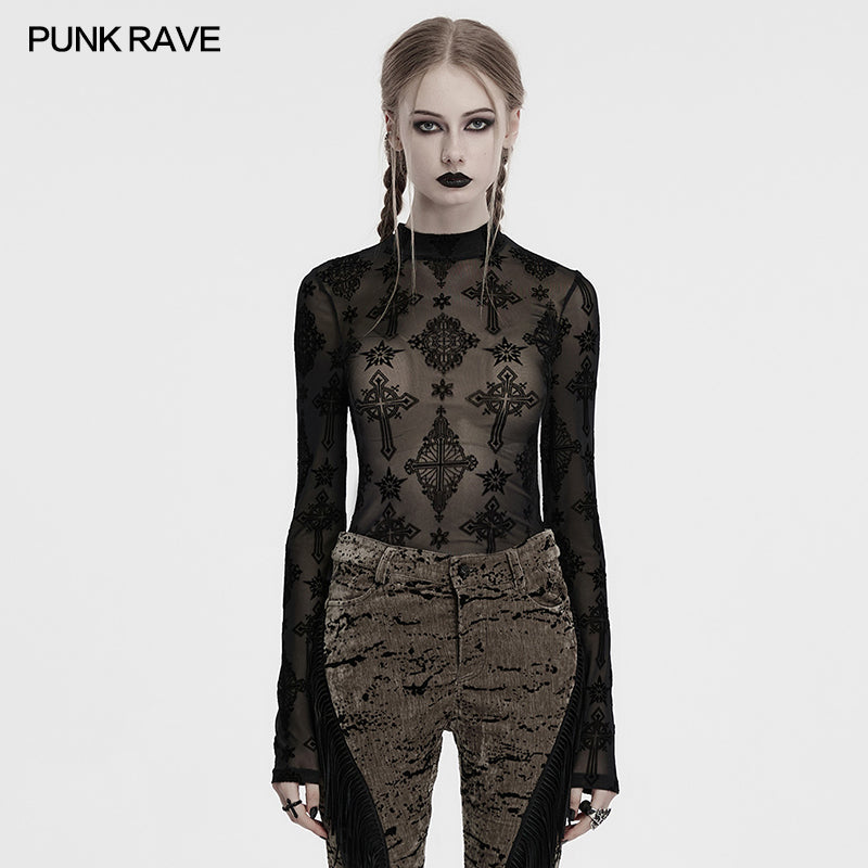 Punk Rave Ravena Cross Flocking Mesh Top - DevilGothic DevilGothic