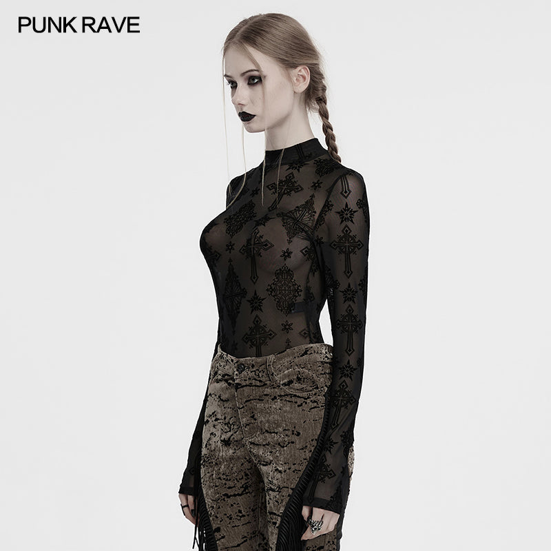 Punk Rave Ravena Cross Flocking Mesh Top - DevilGothic DevilGothic