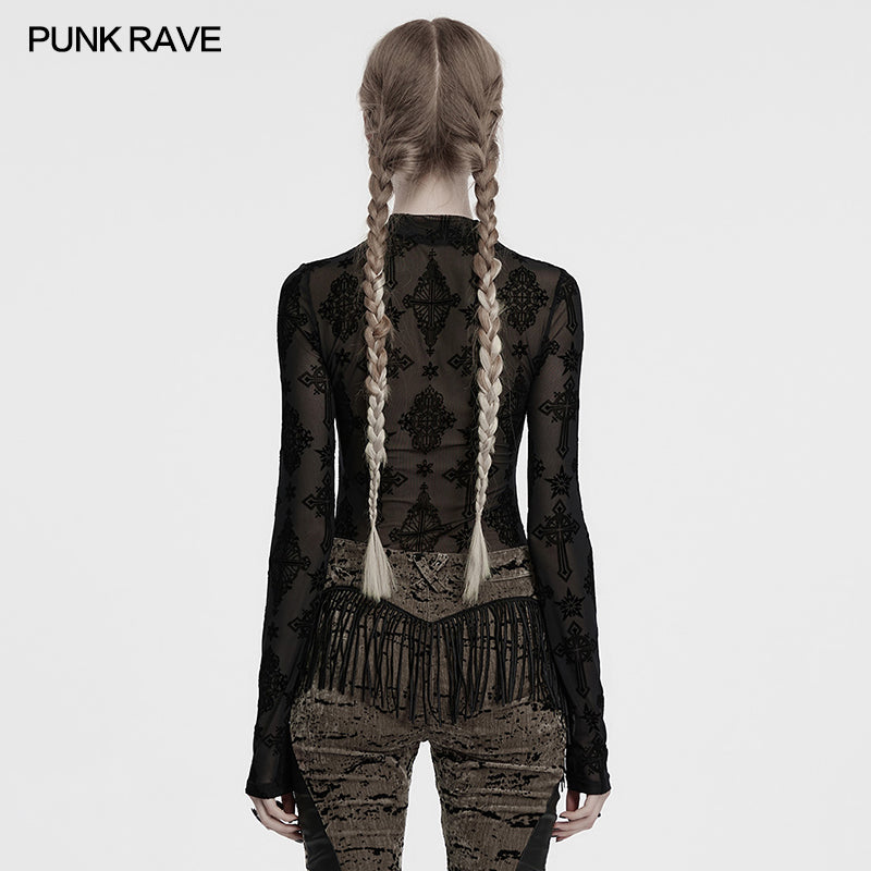 Punk Rave Ravena Cross Flocking Mesh Top - DevilGothic DevilGothic