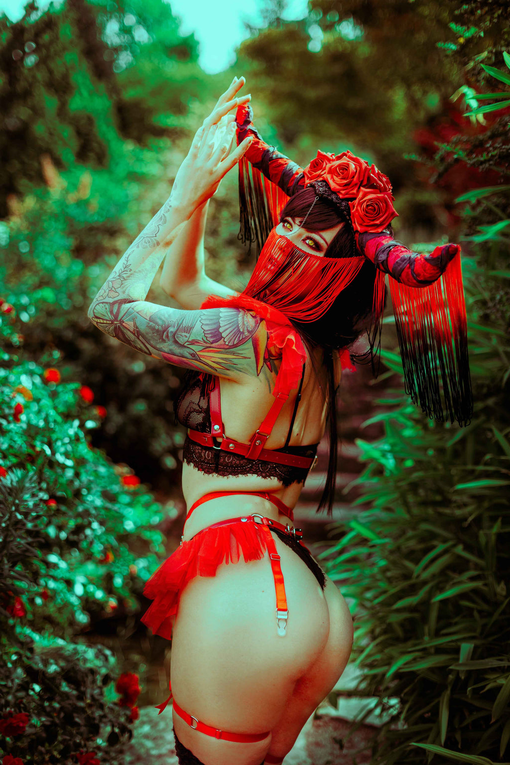 Red Vegan Leather Corset Body Harness Set