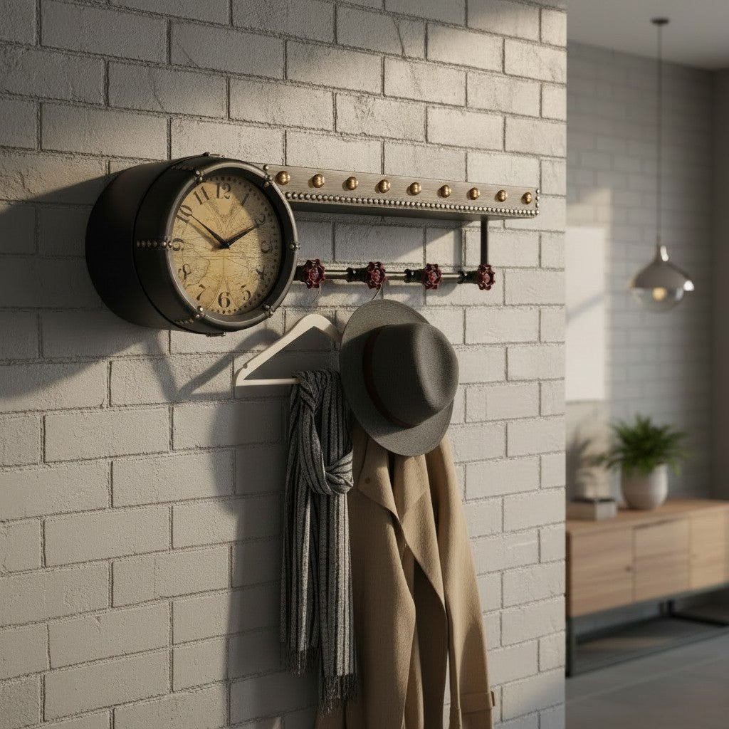 Wall Clock Shelf & Coat Rack | Vintage Multi-Functional Entryway Art