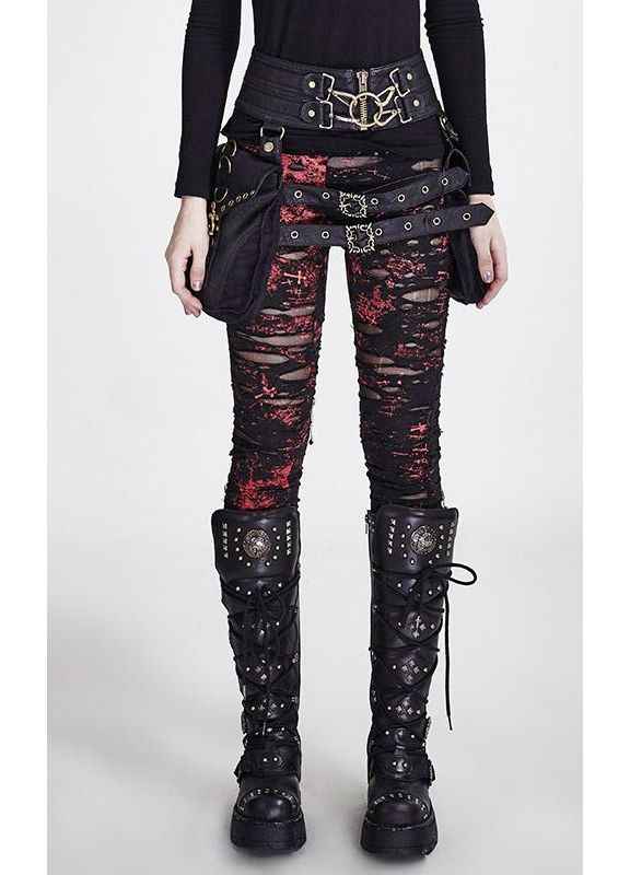 Punk Rave Gothalyptic Lara Leggings - Distressed Gothic Mesh Red Splatter Black
