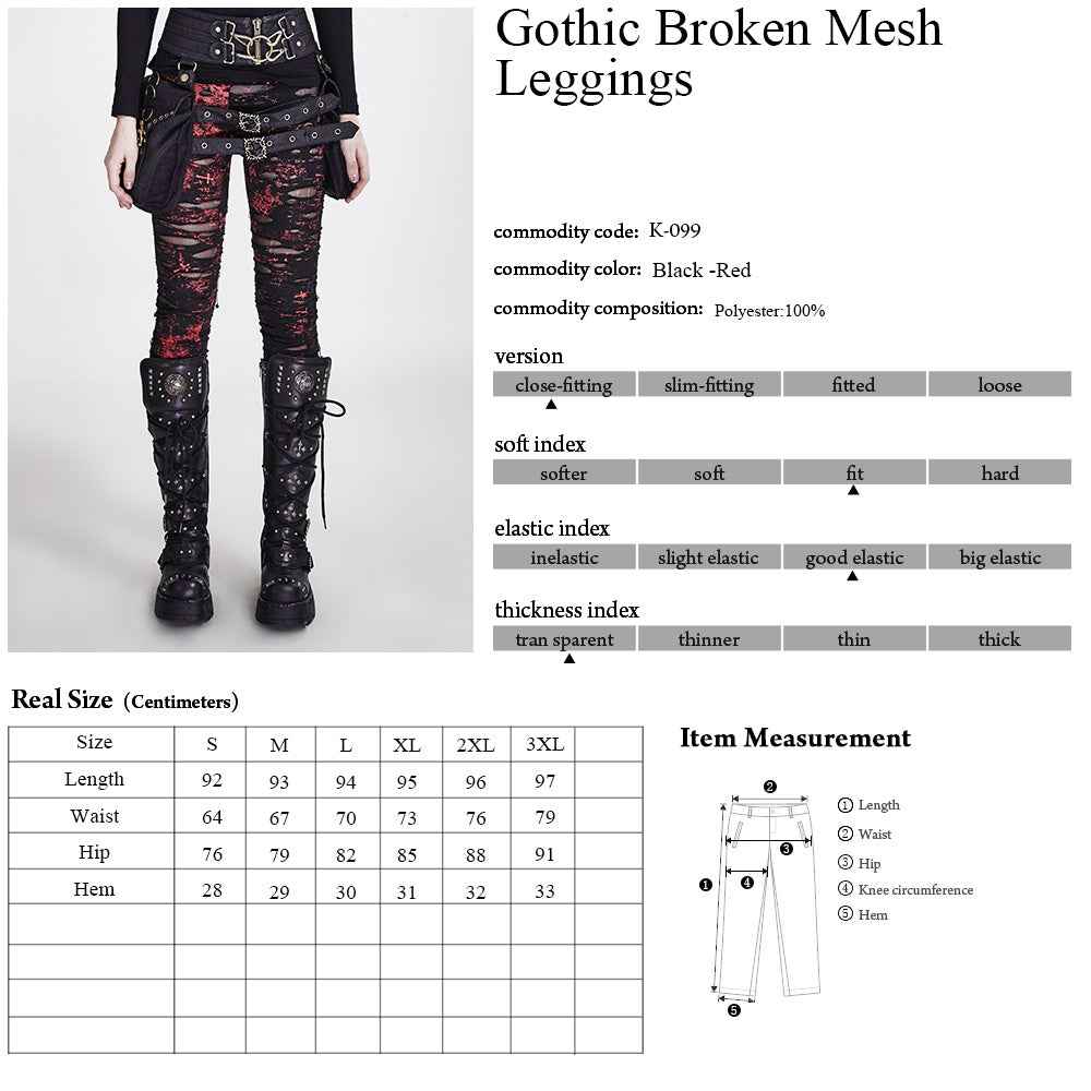 Punk Rave Gothalyptic Lara Leggings - Distressed Gothic Mesh Red Splatter Black