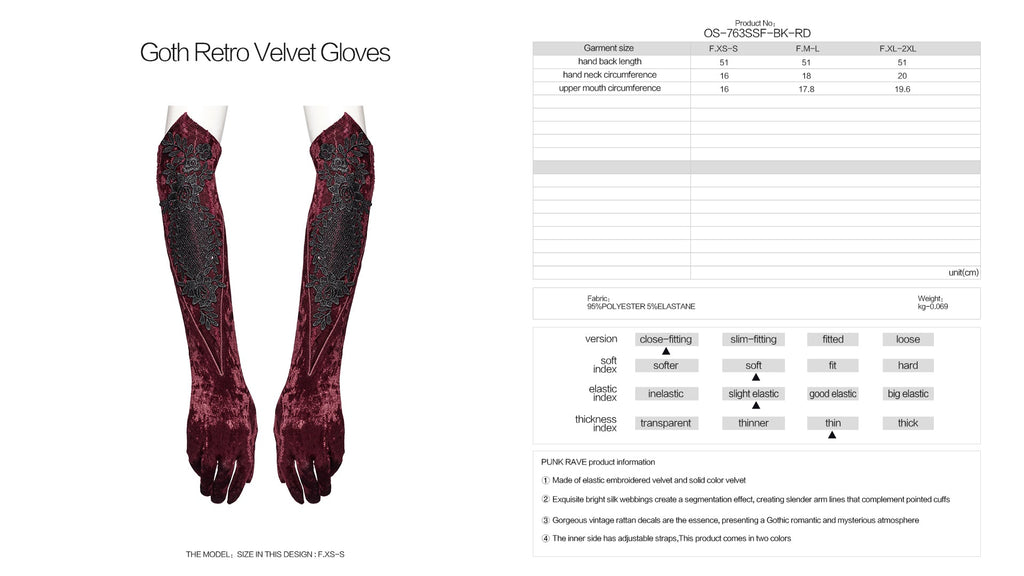 Punk Rave Selene Embroidered Velvet Gloves in Crimson - DevilGothic DevilGothic