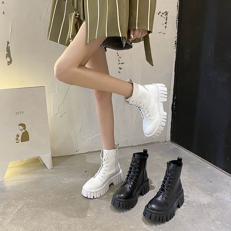 Leather Ankle Boots Platform Gothic Women Shoes Short Punk Motorcycle Combat Boots