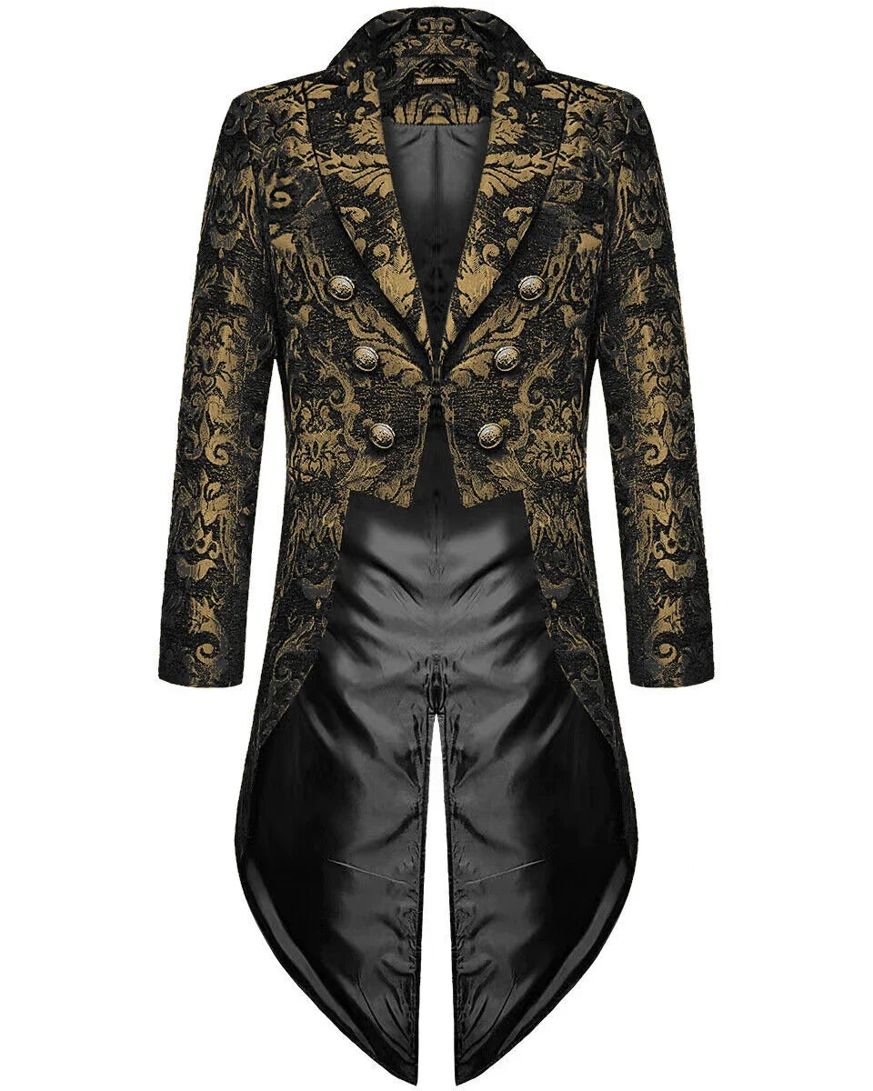 Men's Gothic Victorian Tailcoat – Gold Black Brocade Steampunk Jacket - DevilGothic DevilGothic
