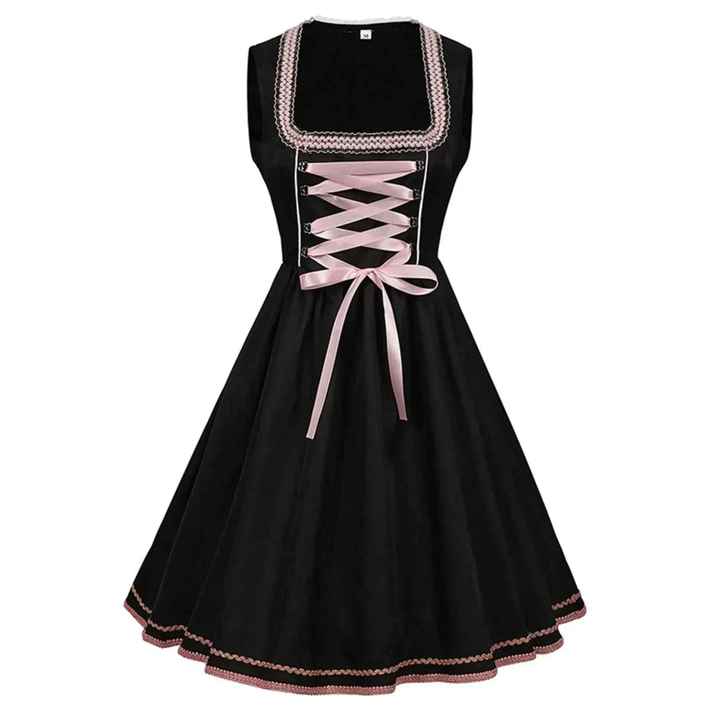 Women’s Black & Pink Dirndl Dress – Bavarian Oktoberfest Costume with Floral Embroidered Apron & Satin Bow