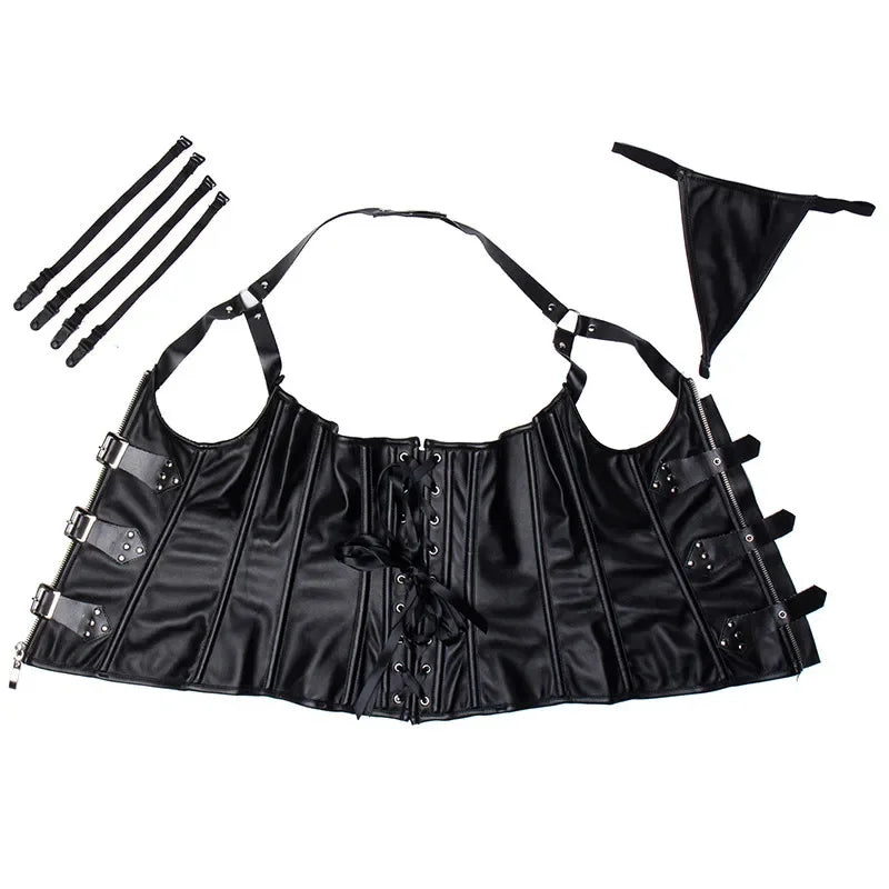 Steampunk Corsets Bustiers PU Leather Corset Halter Top Overbust Corselet  Women Zipper Gothic - DevilGothic DevilGothic