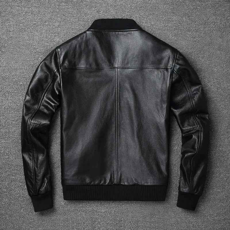 Black Genuine Leather Bomber Jacket for Men – Premium Cowhide