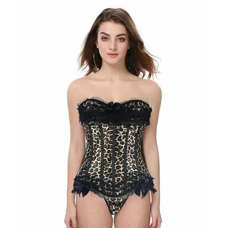 Overbust Corset Top Leopard Print Lace Bowknot Decorated Body Shaper