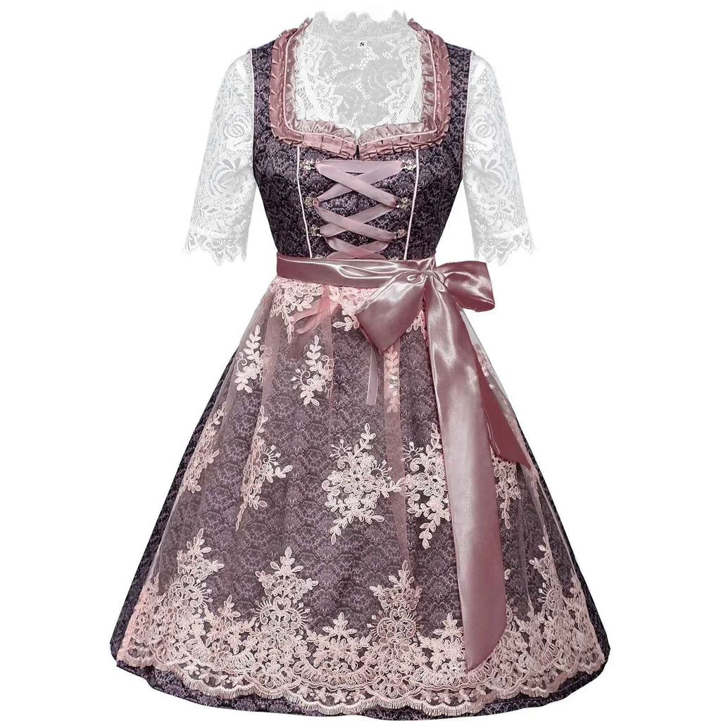 Women’s Purple & Pink Dirndl Dress Set – Bavarian Oktoberfest Costume with Lace Blouse & Embroidered Apron