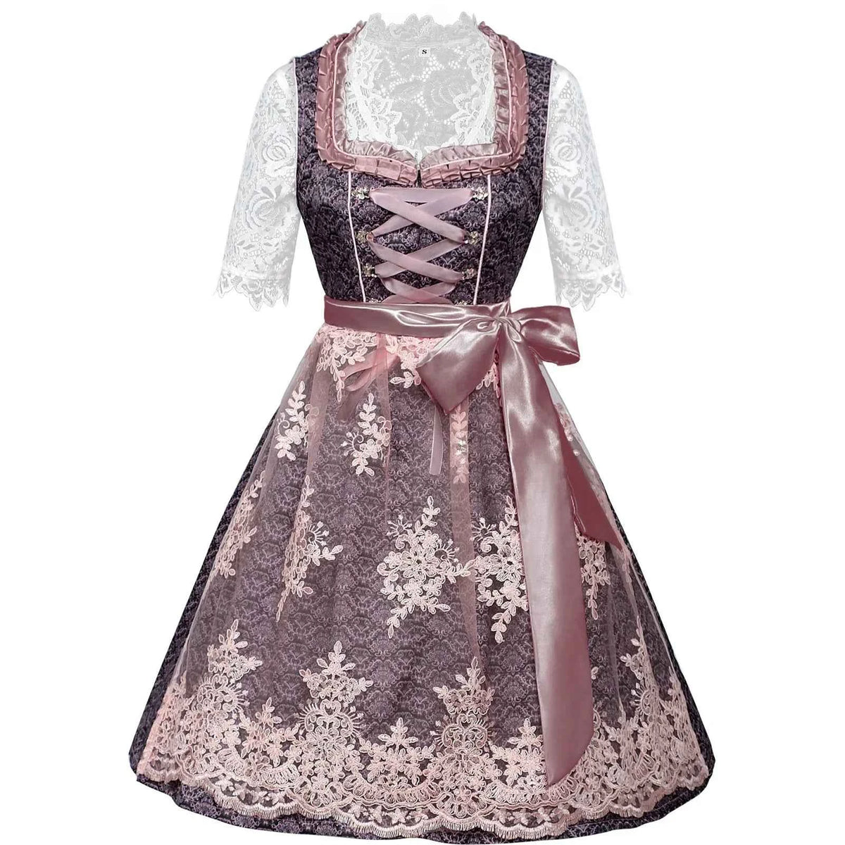 Women’s Purple & Pink Dirndl Dress Set – Bavarian Oktoberfest Costume with Lace Blouse & Embroidered Apron