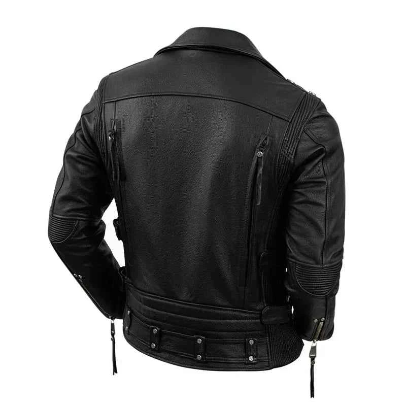 Men’s Genuine Leather Biker Jacket – Vintage Brown & Black