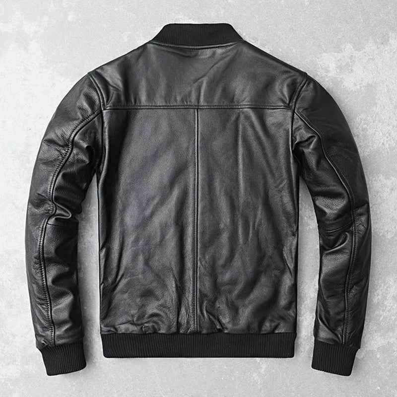 Black Genuine Leather Bomber Jacket for Men – Premium Cowhide