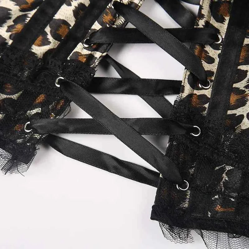 Overbust Corset Top Leopard Print Lace Bowknot Decorated Body Shaper