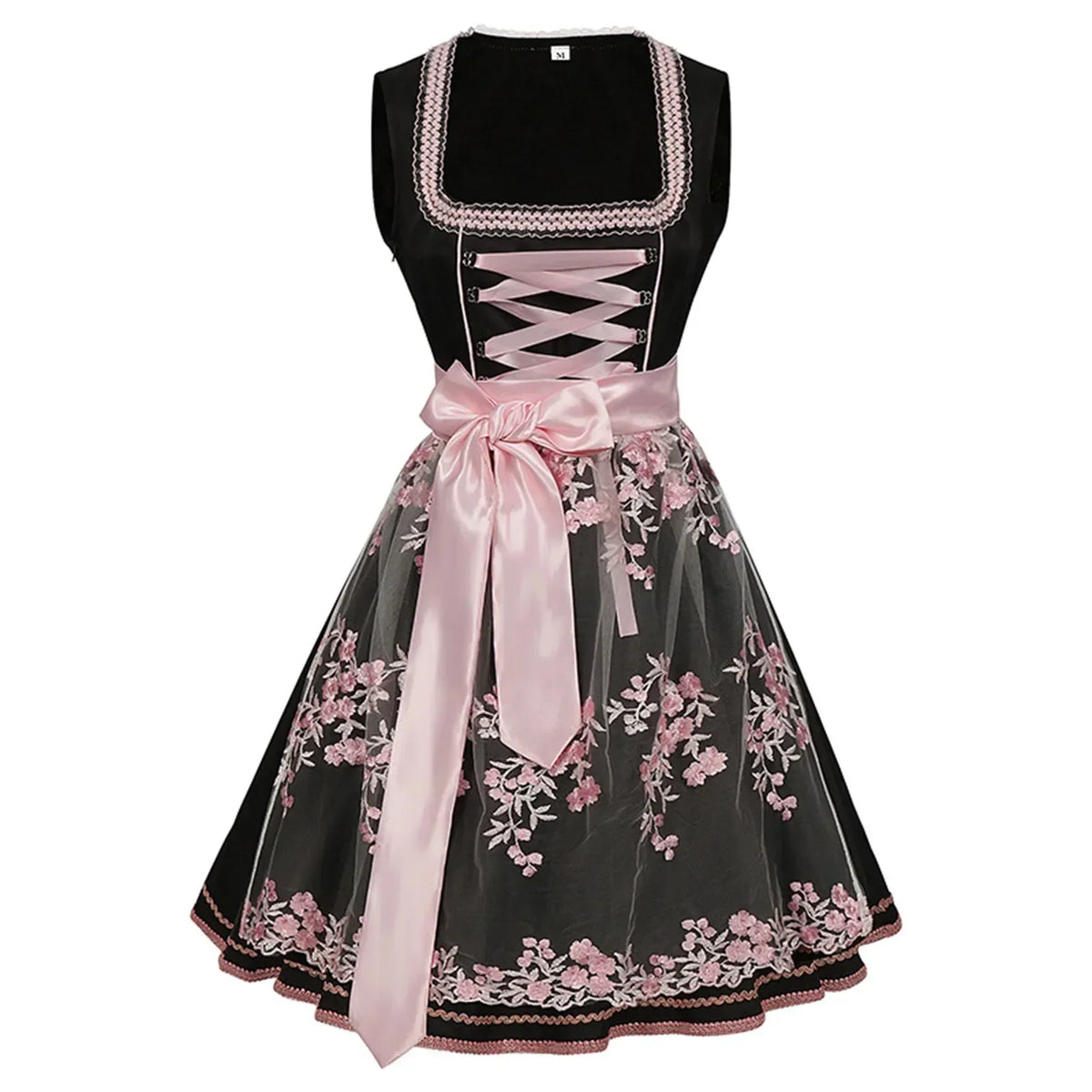 Women’s Black & Pink Dirndl Dress – Bavarian Oktoberfest Costume with Floral Embroidered Apron & Satin Bow