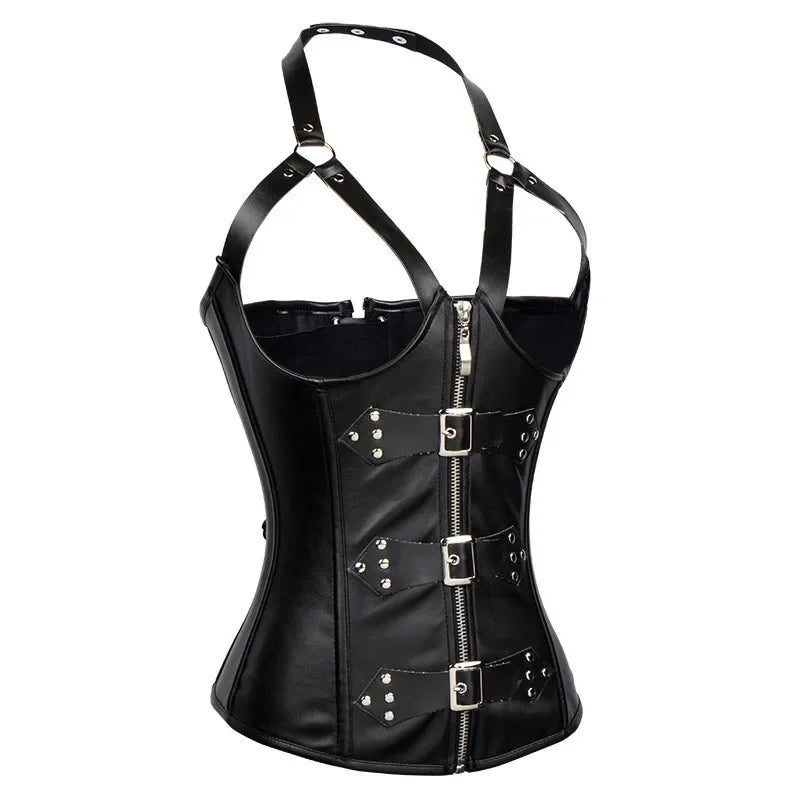 Steampunk Corsets Bustiers PU Leather Corset Halter Top Overbust Corselet  Women Zipper Gothic - DevilGothic DevilGothic