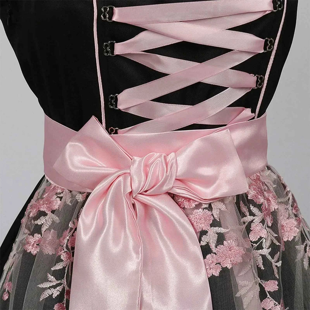 Women’s Black & Pink Dirndl Dress – Bavarian Oktoberfest Costume with Floral Embroidered Apron & Satin Bow