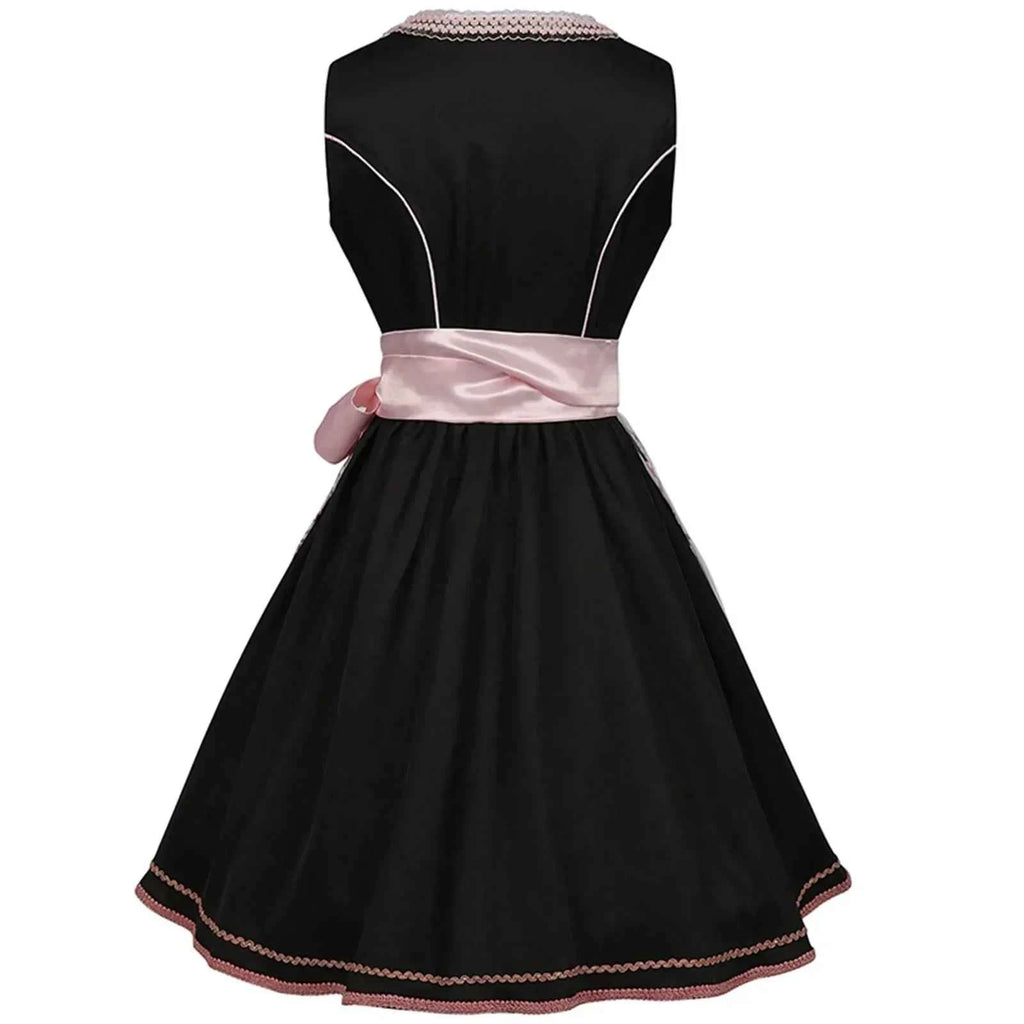 Women’s Black & Pink Dirndl Dress – Bavarian Oktoberfest Costume with Floral Embroidered Apron & Satin Bow