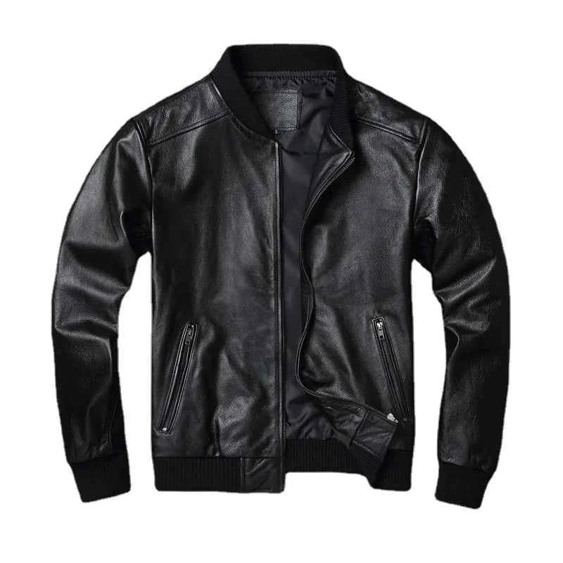 Black Genuine Leather Bomber Jacket for Men – Premium Cowhide