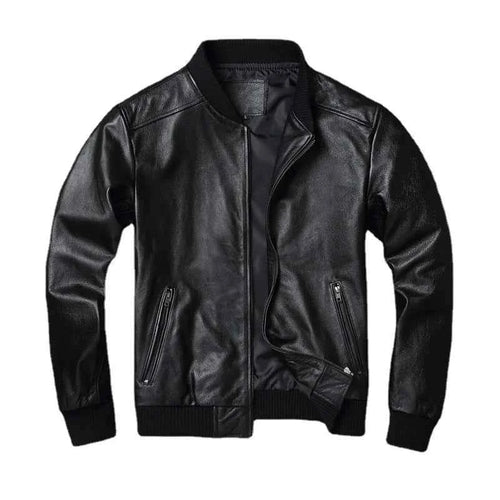 Black Genuine Leather Bomber Jacket for Men – Premium Cowhide