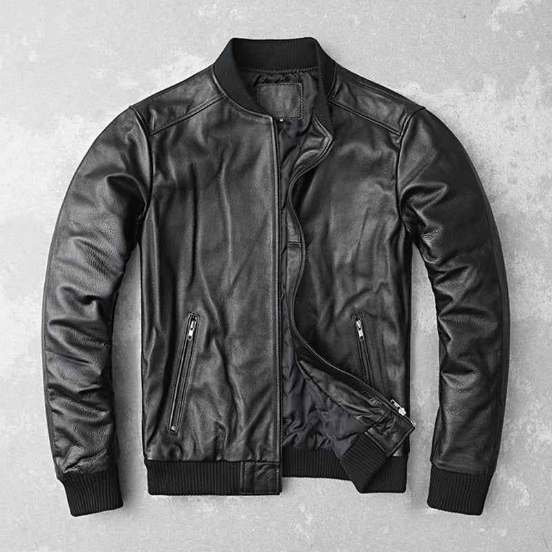 Black Genuine Leather Bomber Jacket for Men – Premium Cowhide