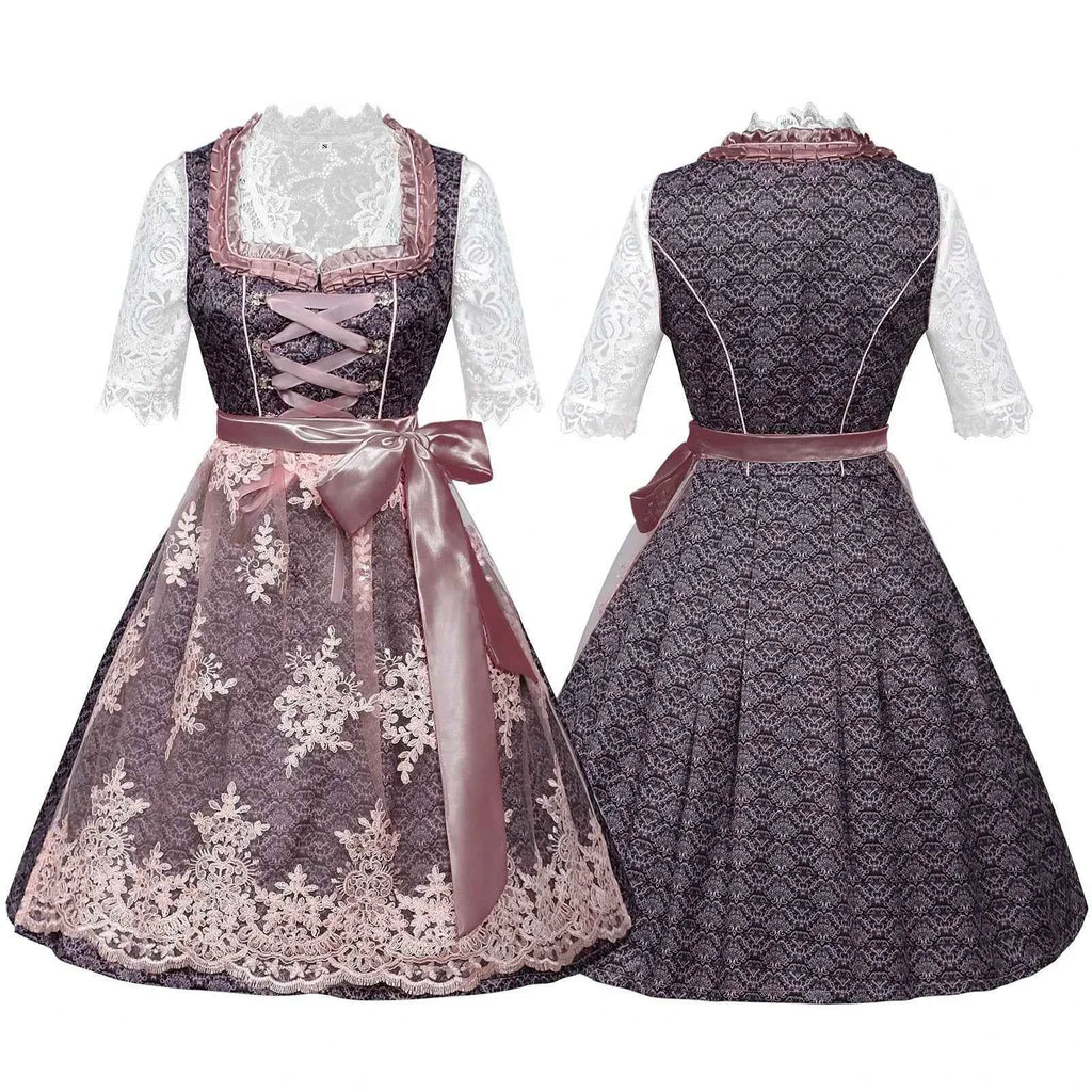 Women’s Purple & Pink Dirndl Dress Set – Bavarian Oktoberfest Costume with Lace Blouse & Embroidered Apron