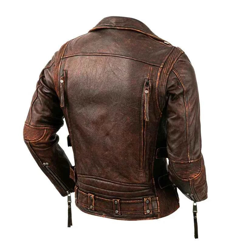 Men’s Genuine Leather Biker Jacket – Vintage Brown & Black